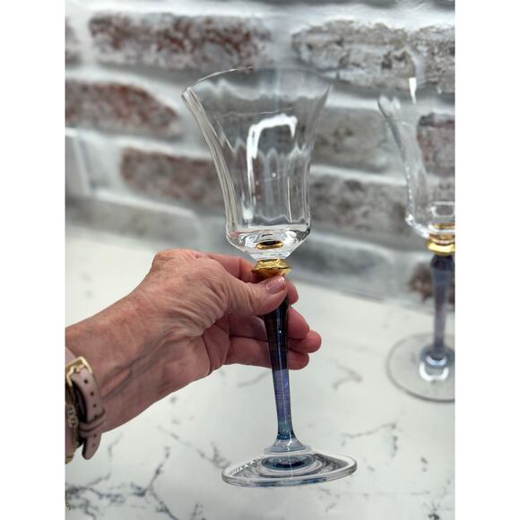 Rare Mikasa Royal Jamestown Blue Stem and Gold Knot Wine Glass Set of 2 - Picture 6 of 10